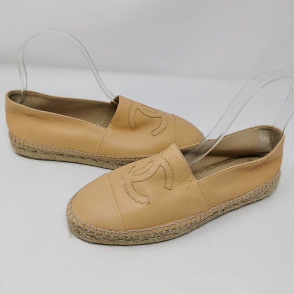 CHANEL Camel Nude Lambskin Espadrilles Logo Cap Toe Double Stack Flats - Picture 3 of 11
